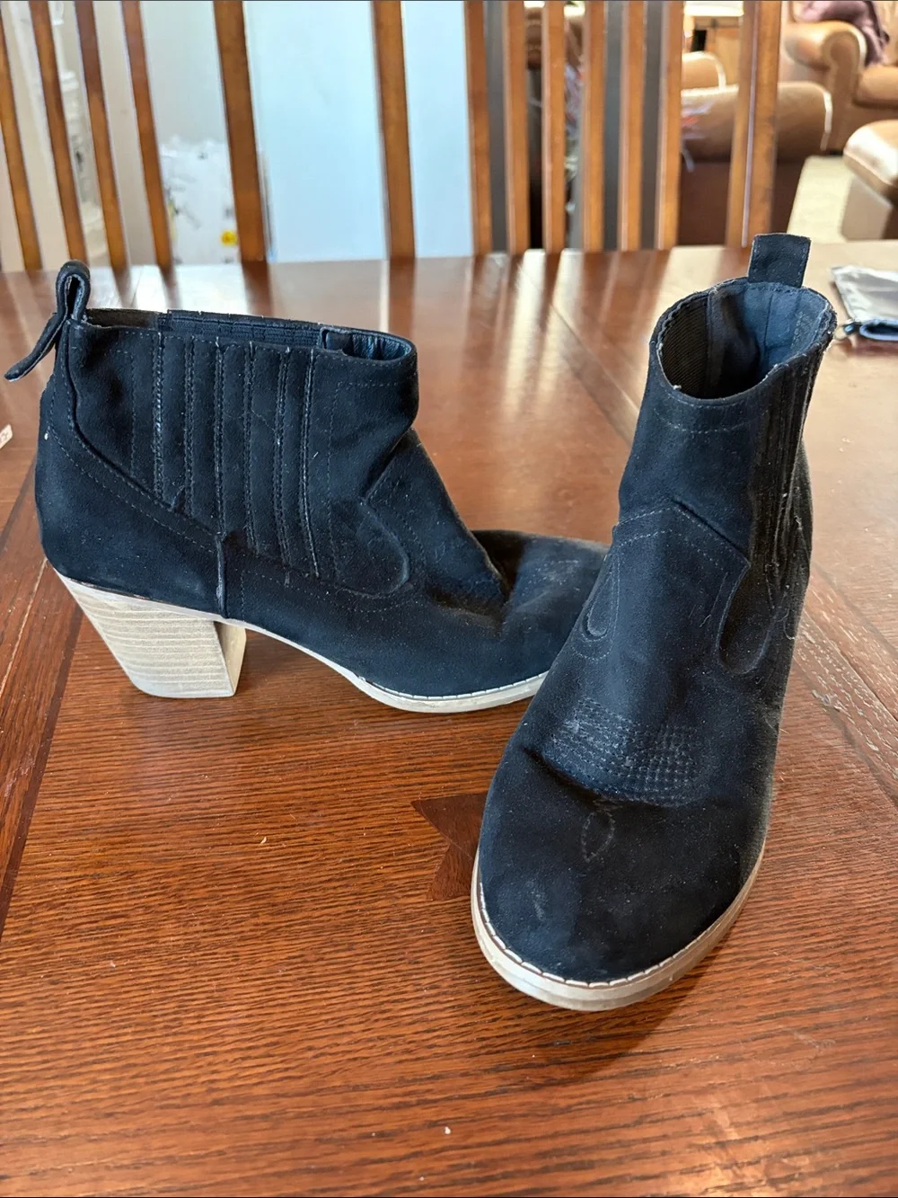 Sugar Black Suede Ankle Booties with Stacked Heel